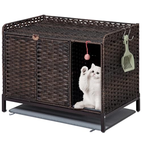 Image of SETVSON Cat Litter Box Enclosure Furniture with Divider, Handwoven Rattan Litter Box with Mat, 31.2 x 19.6 x 24.2 Inches, Metal Heightened Feet, Hidden Cat House for Living Room, Bedroom (Brown)