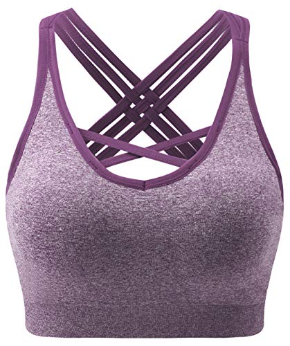 ANGOOL Femme Soutien Gorge de Sport Coussinets Amovibles Brassière Dos croisé Yoga Bustier sans Armature,Violet,XL