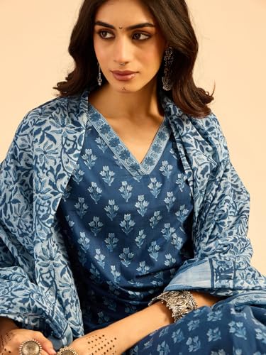 Image of INDO ERA Women's Pure Cotton Printed Straight Kurta & Pant with Dupatta Set
