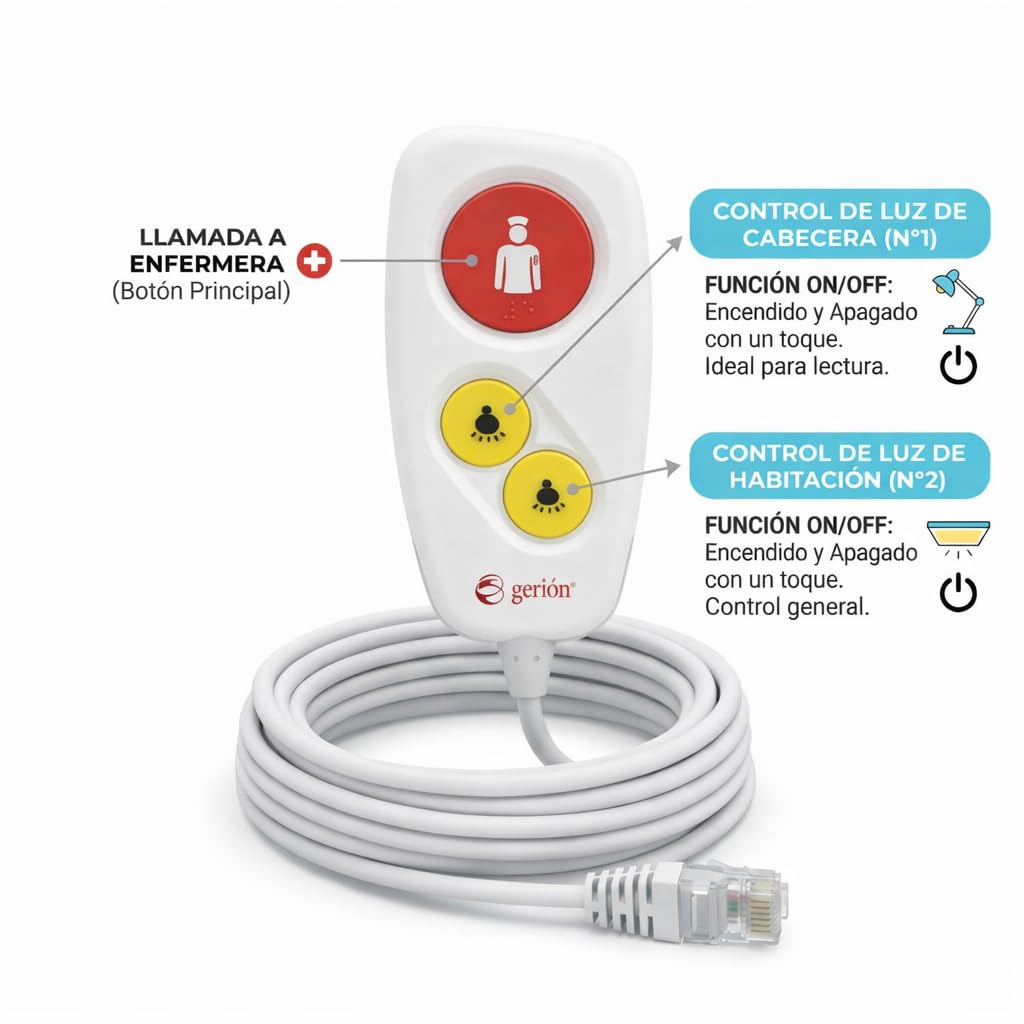 Pulsador De Cama con Control De Luces para Sistemas Gerión. Sistema De Llamadas Paciente Enfermera. Mando Cama Hospitales, Clínicas Y Residencias