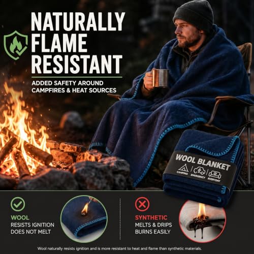 Image of Jmr Usa Inc. Military Wool Blanket for Camping and Everyday Use, Fire Retardant Extra Thick and Warm Outdoor Wool Blanket, Navy, 62x84