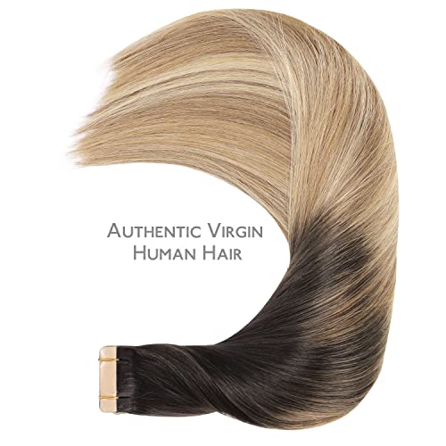 Image of WENNALIFE Tape in Hair Extensions Human Hair, 20pcs 22inch 50g Dark Brown to Chestnut Brown and Dirty Blonde Remy Tape Hair Extensions