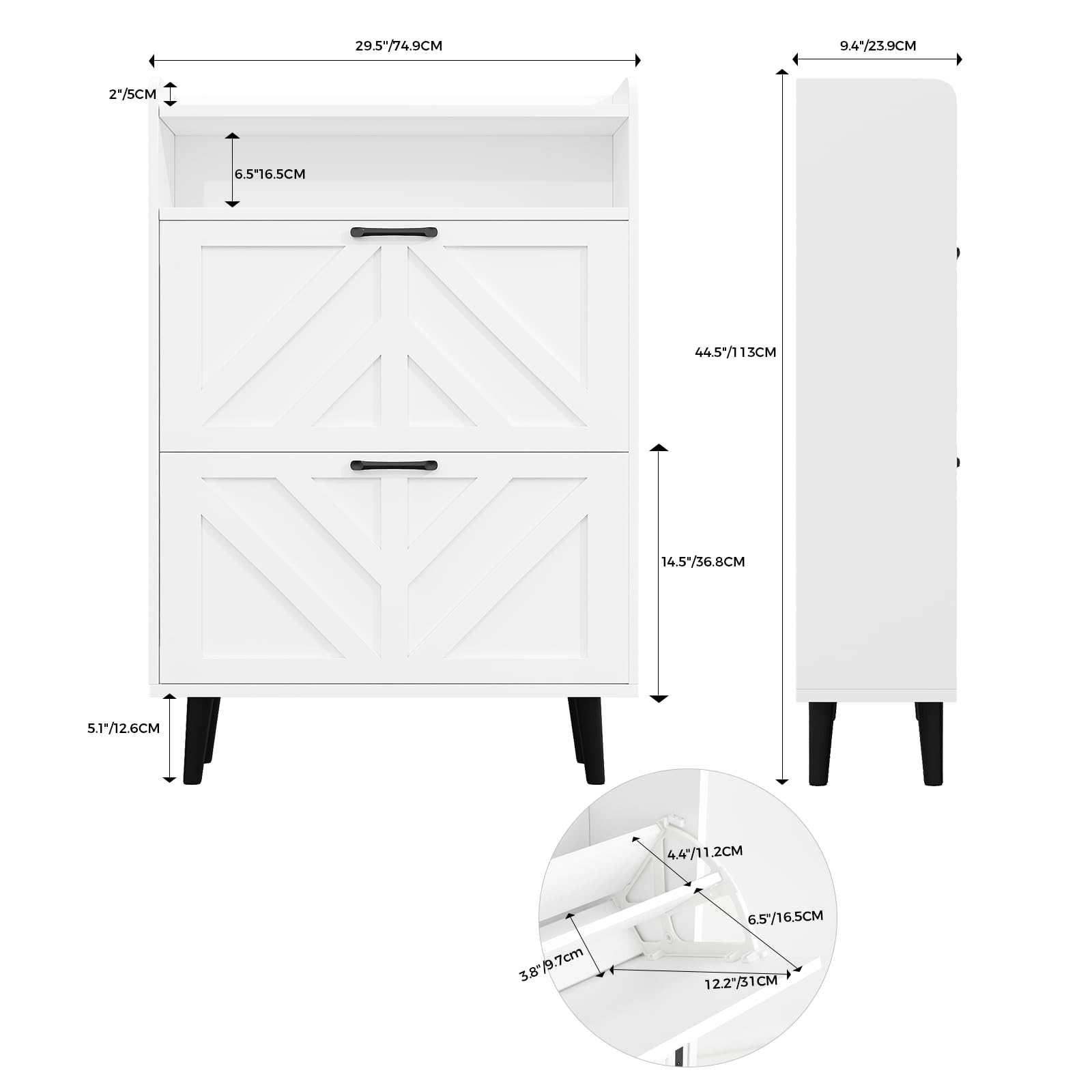 VOWNER Zapatero Entrada Recibidor Estrecho, Mueble Zapatero Blanco con 2 Puertas Abatibles y Estantes Ajustables, Organizador de Zapatos de Madera con Patas Elevadas para Pasillo, 75 x 24 x 113 cm
