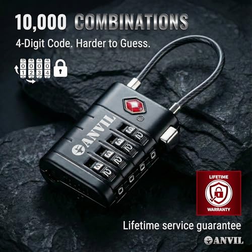 Image of ANVIL TSA Approved Luggage Locks with Search Alert Indicator, 4-Digit Combination Suitcase Lock, Advanced TSA008 Core Heavy Duty Anti-Theft Travel Lock for Double Zippers, Backpacks