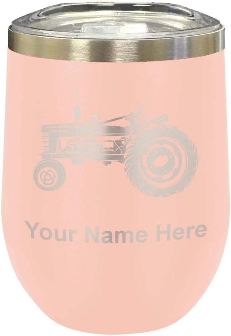 LaserGram 16oz Double Wall Stainless Steel Wine Glass Tumbler, Old Farm Tractor, Personalized Engraving Included (Yellow)