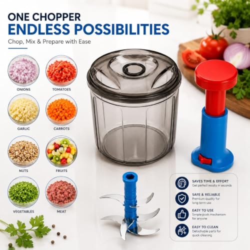 Image of TheXpert Vegetable Chopper for Kitchen | Chopper for Kitchen Use | Manual Food Chopper with Stainless Steel Blades | Food Grade Plastic | Easy to Use Kitchen Tool (1100ml Push Chopper)