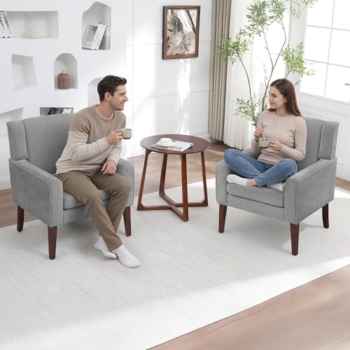 Image of Accent Chairs for Living Room, Mid-Century Reading Chair with Wood Legs, Upholstered Comfy Living Room Chair for Bedroom, Apartment, Waiting Room, Light Grey