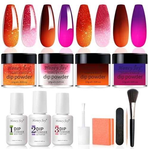Honey Joy Dip Powder Nail Kit Starter, 4 Colors Halloween Pumpkin Orange Mystic Purple Dipping Powder Liquid Set with Base Top Coat for Nail Art Manic