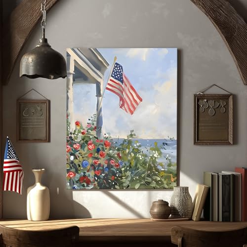 Image of Memorial Day Canvas Wall Art, Porch View American Flag Print, Coastal Garden Flowers Flag by the Sea Poster, Independence Day Gifts Print Artwork for Lakehouse or Summer Entryway Decor 16x20inch