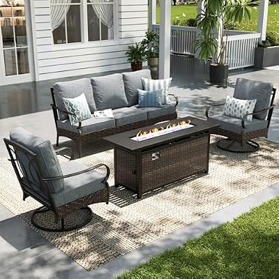 Sophia & William Patio Furniture Set with Fire Pit Table, 4 PCS Metal Outdoor Conversation Set with Fire Pit Table, 2 Swivel Chairs,3-Seater Couch for Outdoor Seating, Backyard, Porch(Grey)