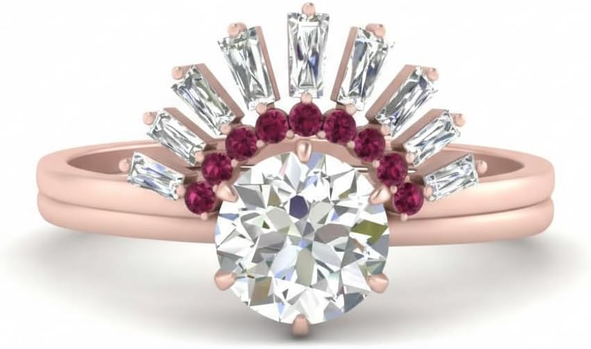 Choose Your Gemstone Crown Engagement Ring Set Rose Gold Plated Round Shape Wedding Ring Sets Affordable for Your Friend, Wife, Partner Wedding US Size 4 to 12