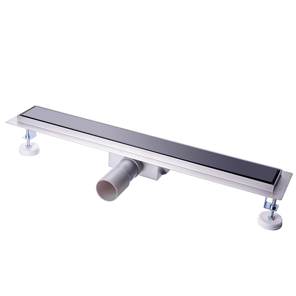Finmrys Duschrinne 80cm Schwarz Glas,Siphon mit Geruchsstop und Haarsieb, Edelstahl Ablaufrinne, Bodenablauf, Duschablauf sehr flach, Komplettset mit Bodenbefestigung, für Badezimmer