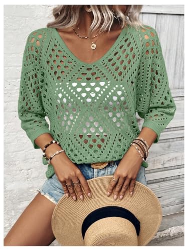 Image of Verdusa Women's Crochet Beach Sweater 3 /4 Length Sleeve Boho Tops Off The Shoulder Summer Sweater Cover Ups