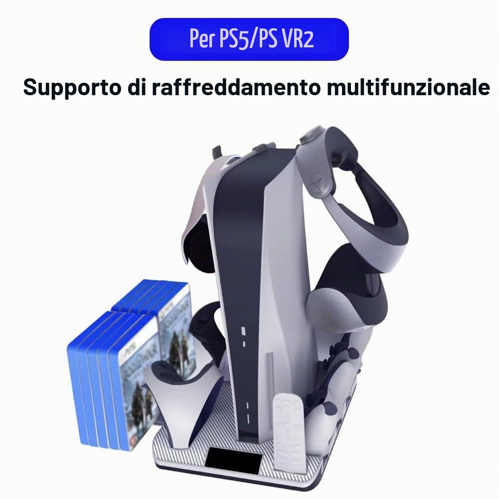 Supporto di ricarica multifunzionale di raffreddamento compatibile con console PS5 con stazione di ricarica a doppio controller VR2 per dock di ricarica con maniglia PS VR2