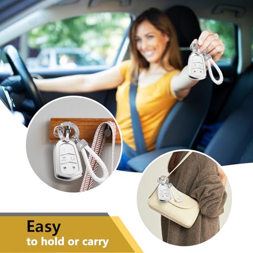 Image of for Cadillac Key Fob Cover with Luxury Diamond Bling Braided Rope Keychain, Upgraded Soft Key Case for 2015-2019 Escalade CTS SRX XT5 ATS STS CT6 (6 Buttons) (Silver,A2)