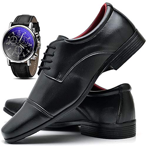 Kit Sapato Social Com Relógio Cinto Carteira Verniz Com Cadarço ZARU R807DB Tamanho:40;cor:Preto;gên