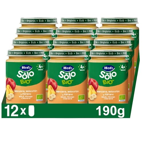 Hero Solo Bio Tarritos de Manzana, Melocotón y Plátano 100% Ecológico, con Ingredientes Naturales para bebés desde los 4 meses - Pack de 12 x 190 g