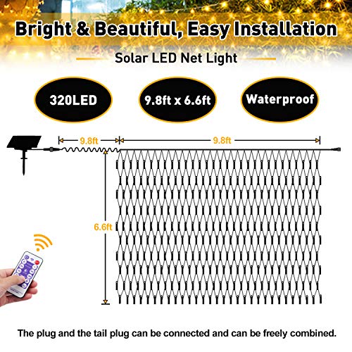 JMEXSUSS Solar Net Mesh String Lights Outdoor Waterproof Lights, 8 Modes Remote Control Waterproof Solar Net Lights Outdoor Green Wire 9.8ft x 6.6ft 320 LED Mesh Lights(Warm White)