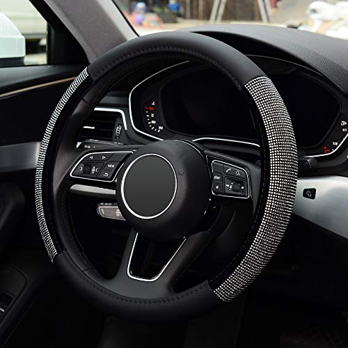 KAFEEK Diamond Leather Steering Wheel Cover with Bling Bling Crystal Rhinestones, Universal 15 inch Anti-Slip, Black Microfiber Leather and Diamond - Thumbnail 3
