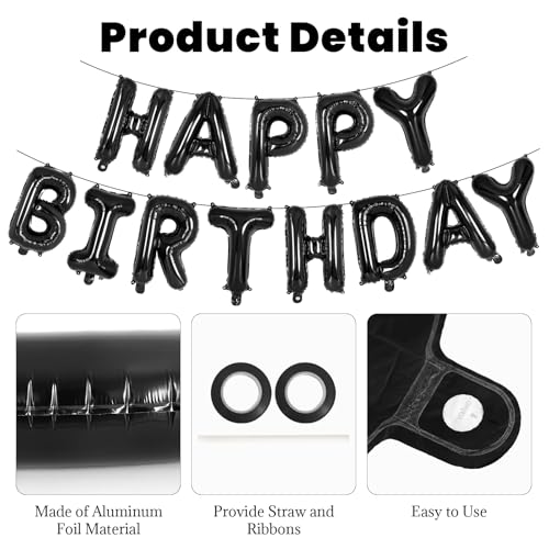 Image of 65 Pcs Black Happy Birthday Balloons, 2 Sets A-Z Black Letters Foil Balloons,16 Inch Personalized Name Happy Birthday Banners for Wedding Baby Shower Anniversary Party Decorations