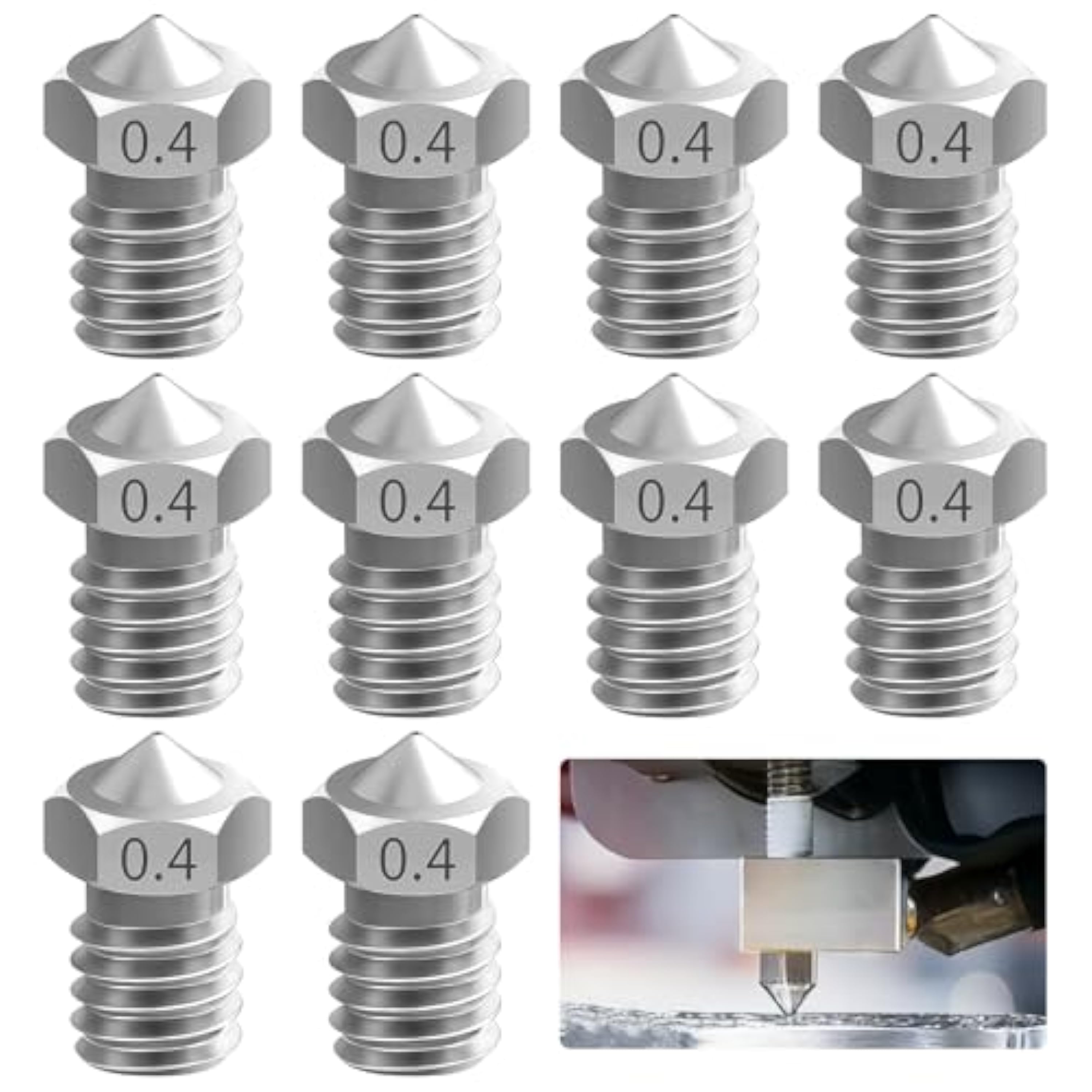 10 Piezas 3D Boquillas de Impresora, Boquilla MK8 de 0,4 mm, Boquillas de Acero Inoxidable Endurecido, Boquilla para Impresora 3D con Filamento 1.75mm, Compatible Creality Ender/CR 10 Series/Ender 3