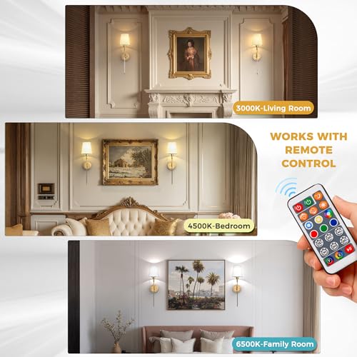 Image of DORESshop Battery Operated Wall Sconce Set of 2, Wall Light Wireless Easy to Install, Dimmable and Adjustable Sconce Wall Decor, Rechargeable Wall Lamp for Bedroom, Living Room, Gold and Glass 24.6in