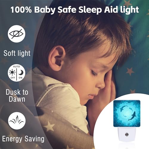 Image of Blue Sharks and Corals Underwater World Fish Marine Lifes Dusk to Dawn Night Light Plug in, 0.5w Energy Saving Sleep Friendly NightLight for Kids Boys Girls Home Decor