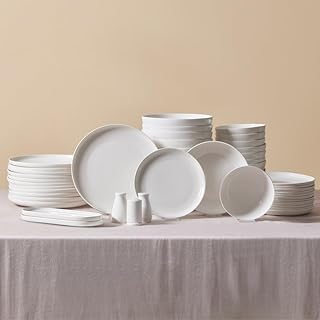 KARACA Streamline Favaro Service de Table Crockery Set, 53 Pieces, Bone China Crockery Set for 12 People, with Plates, Bowls, Rectangular Serving Plates, Salt and Pepper Shakers, Platinum Plate Set