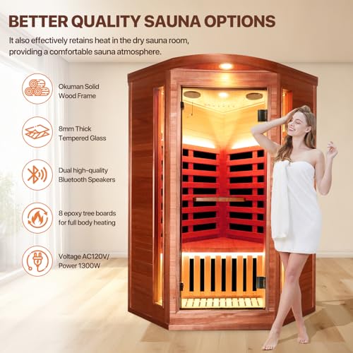 Image of OUTEXER Corner Sauna for One Person Far Infrared Sauna Low-EMF African Mahogany Wood 1300W Indoor Saunas Wood Wax Oil on Outer Surface 37 * 37 * 71Inch