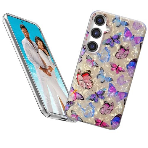 Coque Samsung S24 FE scintillante nacrée au design gracieux de fleurs et papillon