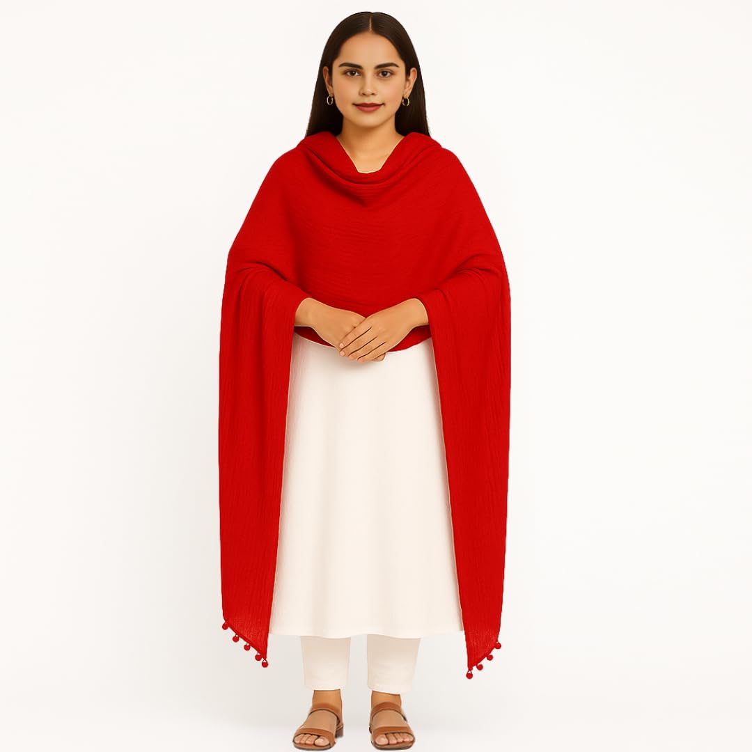 VinodRatna Women Pure Solid Cotton Dupatta With Pom Pom Border 2.25m (Red, 2.25m) - Image 6 thumbnail