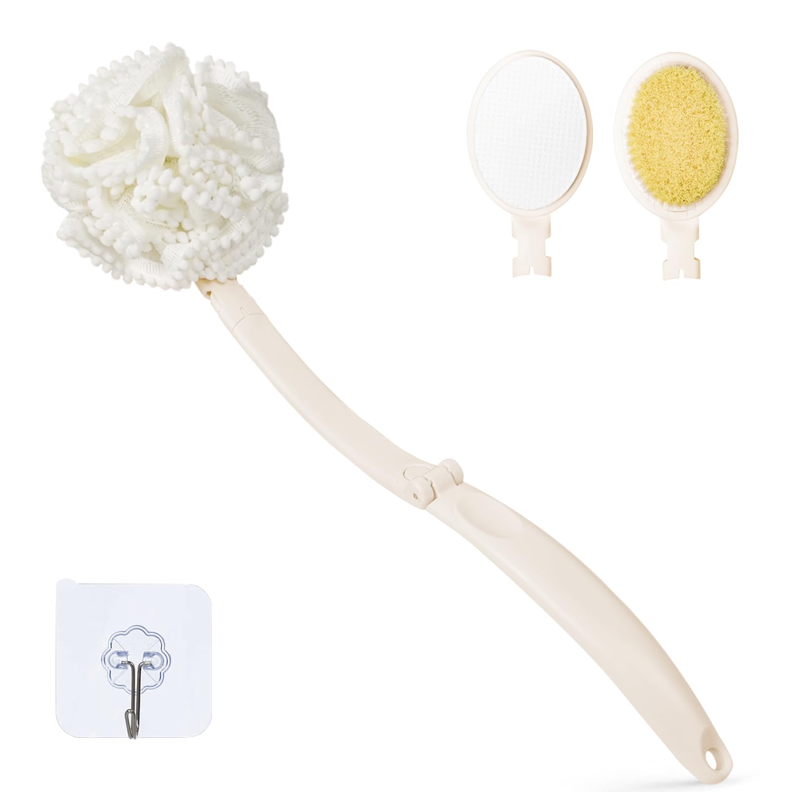 Topfinder Back Scrubber for Shower Cream Applicators for Back Loofah on a Stick Bath Brush Long Handle Sponge Puff (White)