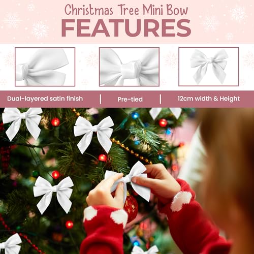 12pcs Festive White Bows for Christmas Tree Decorations - Small 12cm Pre-Tied White Ribbon Christmas Tree Bows Decorations for Xmas Wreath or Xmas Garlands - Image 3