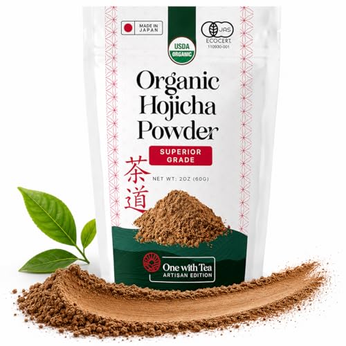 One With Tea Organic Hojicha Powder, Roasted Japanese Green Tea Powder, Stone Ground, Low Caffeine, Smooth Flavor, 2 oz (60g), Perfect for Latte & Iced Drinks