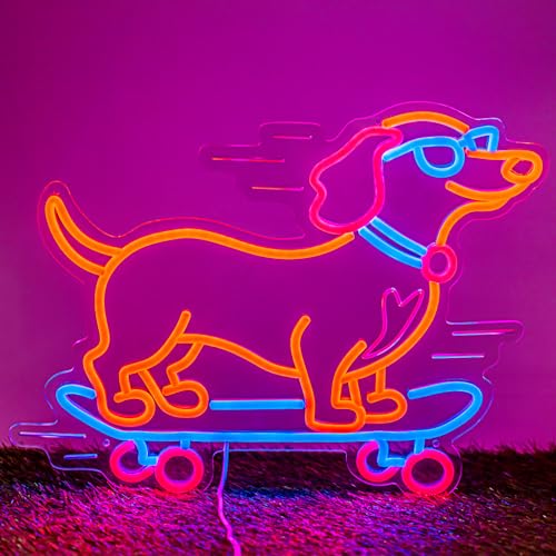 Image of Dachshund Skateboarding Neon Sign, Skateboard Dog Neon Signs for Wall Decor Cool LED Wall Art Decor, Dimmable Dog Lover Gift for Living Room, Bar, Shop, or Birthday Party (Orange Dachshund)