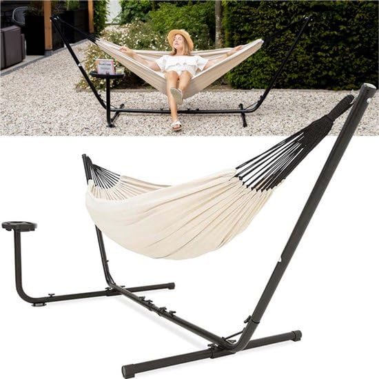 AVOID Hamaca 2 Personas con Portavasos – Beige – Incluye Base de Acero Sólida – Paño de algodón transpirable cómodo – Para interiores, jardín, balcón y piscina – Capacidad de carga máxima de 175 kg