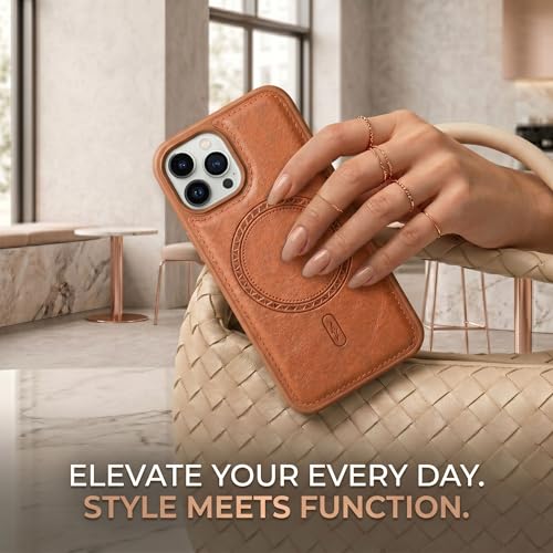 Image of amazon basics Premium PU Leather Case for iPhone 15 Pro Max, MagSafe Compatible Magnetic Ring, Sleek Protective Back Cover - [Tan]