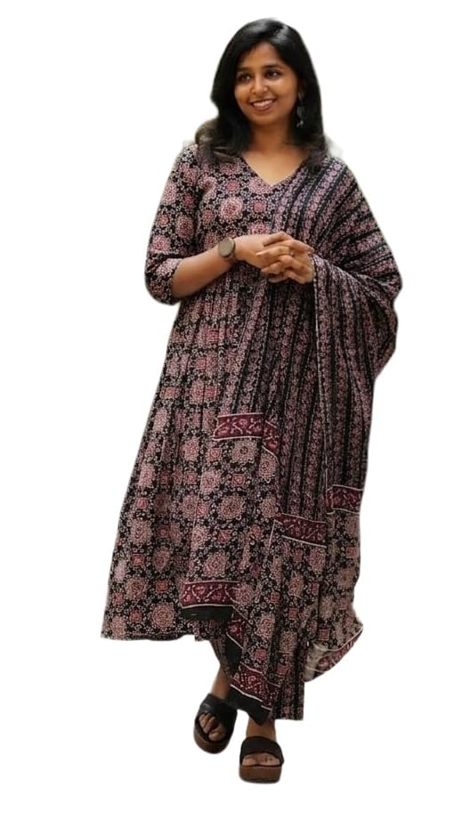Image of Nermosa Women Printed Cotton Anarkali Kurta and Pant with Dupatta | Printed Kurta Set | Cotton Kurta Set | Summer Office Wear |