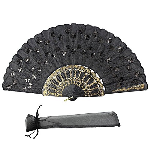 sequin hand fans bulk - Newstarfactory Peacock Feather Black Sequins Design Plastic Folding Hand Fan