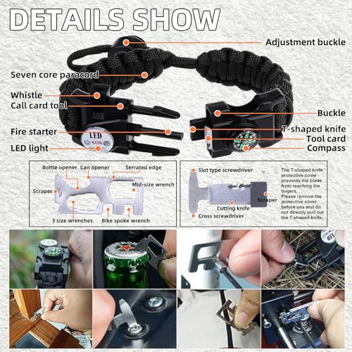 Survival Bracelets, Paracord Bracelets (2 pcs) with Loud Whistle Light Flint, Adjustable Compass Bracelet for Outdoor Camping Hiking Fishing Hunting, Multitools Tactical Gear, Bearable 300 lb - Image 4