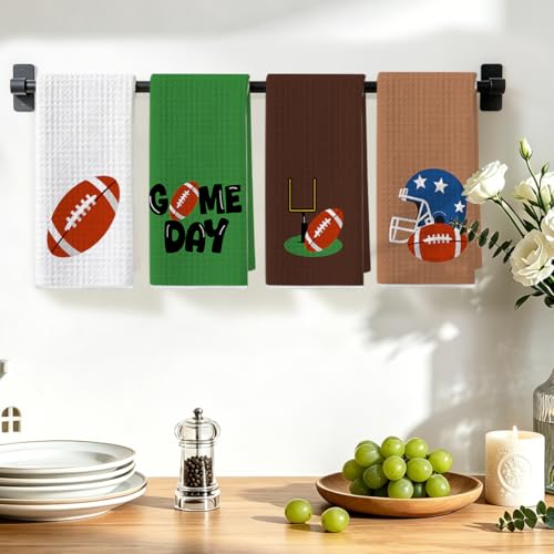 Image of 4 Pcs Football Hand Towels for Bathroom 24x14 Inch, Footballs Gifts Reusable Dish Towels for Kitchen Bathroom Home Decor, Waffle Weave Hand Cloth Tea Towel, Football Lover Gifts for Women Friend