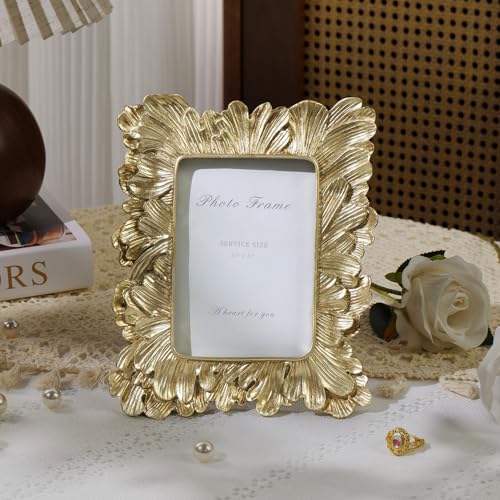 Small Gold Picture Frame 3x5 Frames, Vintage Gold Palm Leaves Textured Hand-Crafted Resin with Glass Front Elegant Retro Vintage Design Photo Frame for Wall and Tabletop Display Home Decor