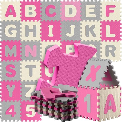 Spielwerk® 86-teilige Puzzlematte Baby Pink 3,3m² Buchstabenteppich ABC...