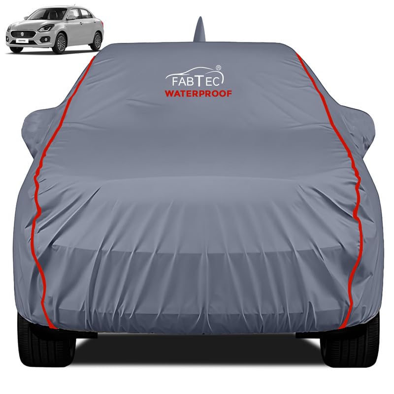 FABTEC Car Body Cover for Maruti Dzire (2017-2025) 100% Waterproof Car Cover with Mirror and Antenna Pocket with Ultra Soft Inner Cotton Lining All Weather Protection Peva Grey with Red Piping-image-35