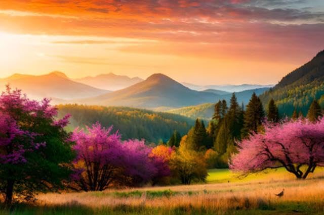 Tableau sur toile montagne paysage printanier coloré grand format lever de soleil