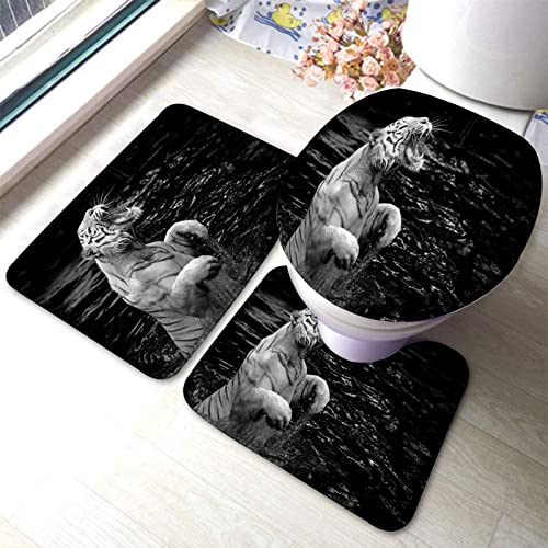 Badezimmerteppich-Set, 3-teilig, weißer Tiger-Kunstdruck-Hintergrund, waschbare Badteppiche, rutschfest, mit Rückenpolster, Konturteppich und Toilettendeckelbezug