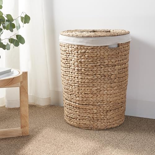 Image of Round Woven Wicker Laundry Hamper with Lid - Large Water Hyacinth Storage Basket, 18x18x23 in