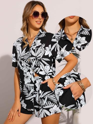 Allegra K Hawaiian Outfits 2 Piece Sets for Women's Tropical Floral Button Down Shirt and Shorts Casual Beachwear Sets2