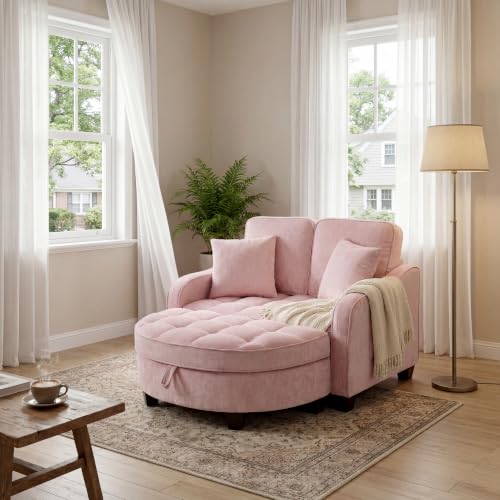 Image of ERYE Chenille Tufted Loveseat Sofa and Ottoman Set, Tufted Recliner Sleeper Chaise Lounge with Curved Storage Ottoman,Reclining Backrest and Side Pockets, 4 Pillows