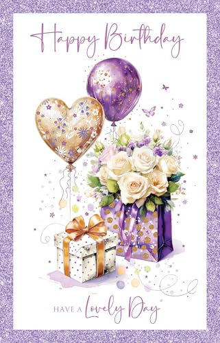 Cherry Orchard Ladies Happy Birthday Card, Birthday card for Her, Grogeous White Roses & Balloons, Purple Foil Border from the Birthday Bliss range.
